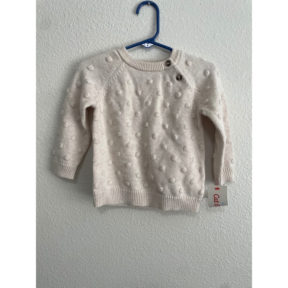 Cat & Jack Sweater Baby 12M Oatmeal New Textured‎ Pom-Pom Knit Shoulder Button